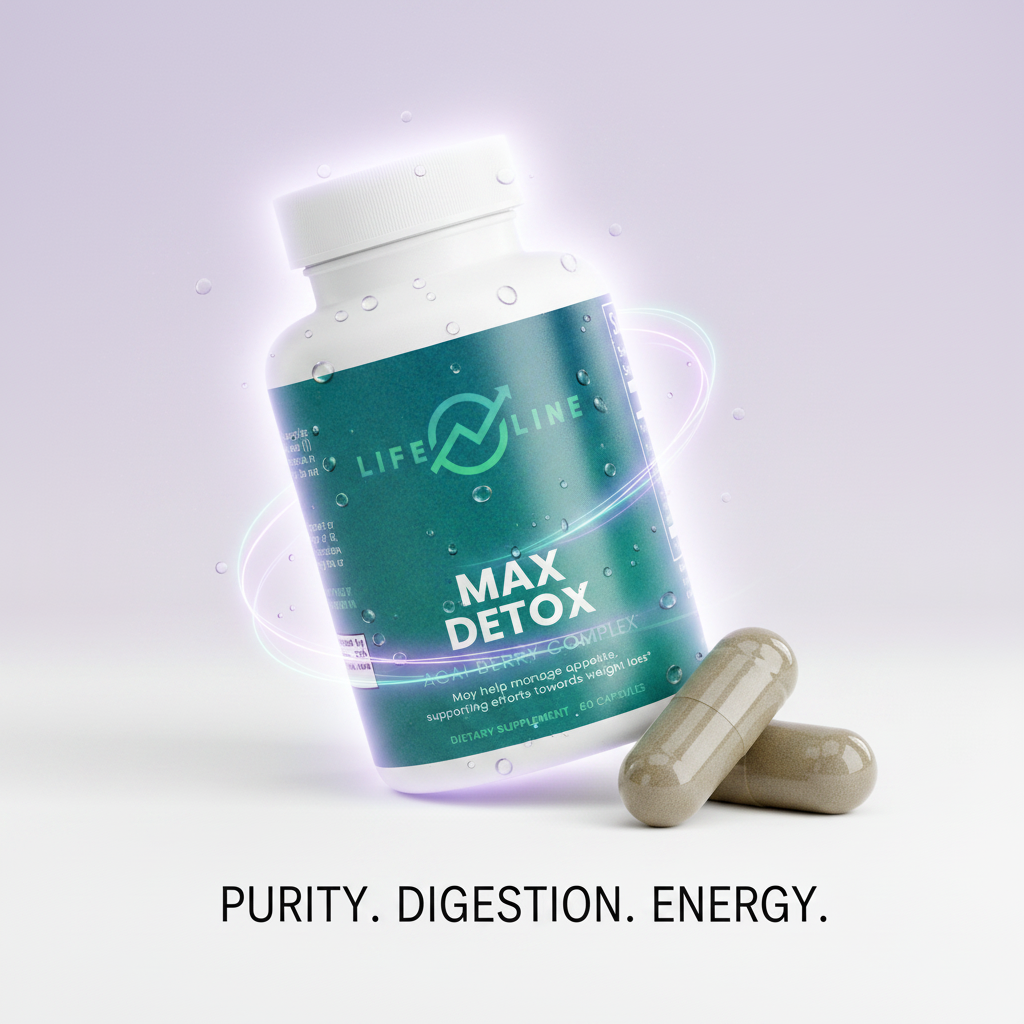 Max Detox (Acai detox) product bottle, clean studio shot with a soft light purple and white gradient background.